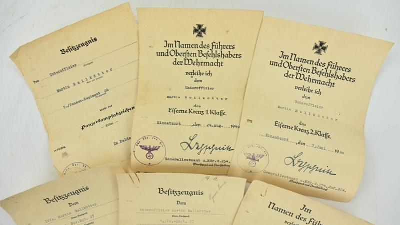 German WH Certificate Grouping 'Uffz. Martin Rullkötter /Panzer regiment 27