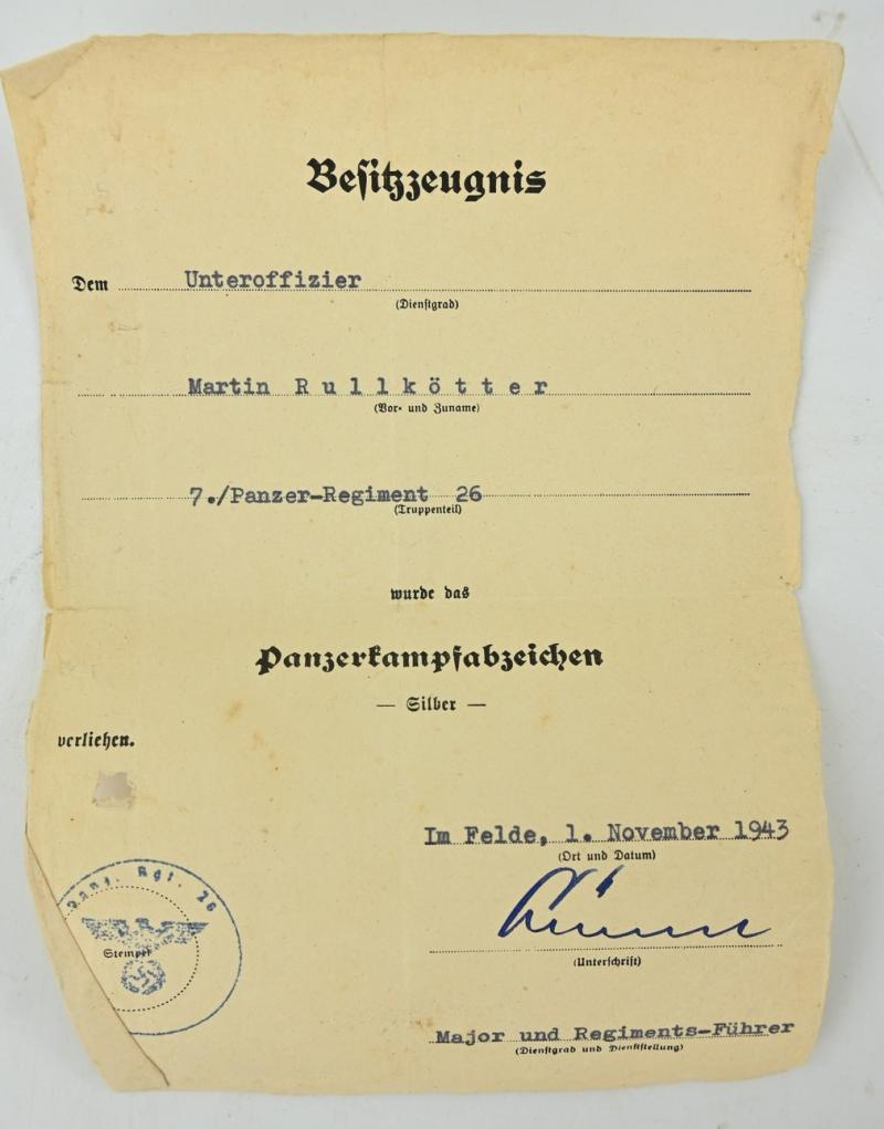 German WH Certificate Grouping 'Uffz. Martin Rullkötter /Panzer regiment 27