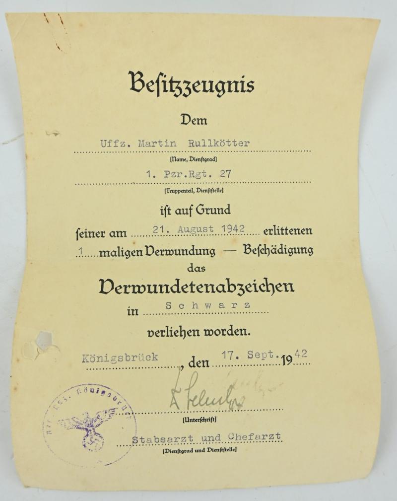 German WH Certificate Grouping 'Uffz. Martin Rullkötter /Panzer regiment 27