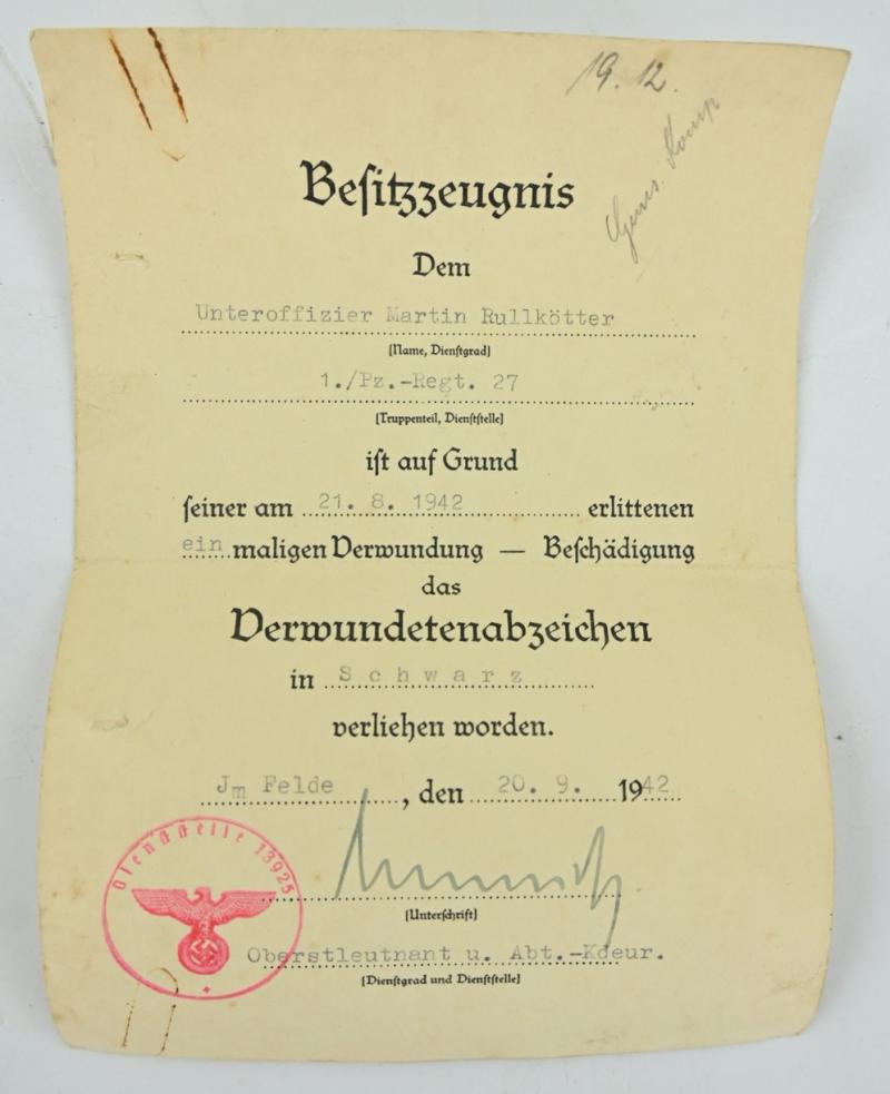 German WH Certificate Grouping 'Uffz. Martin Rullkötter /Panzer regiment 27