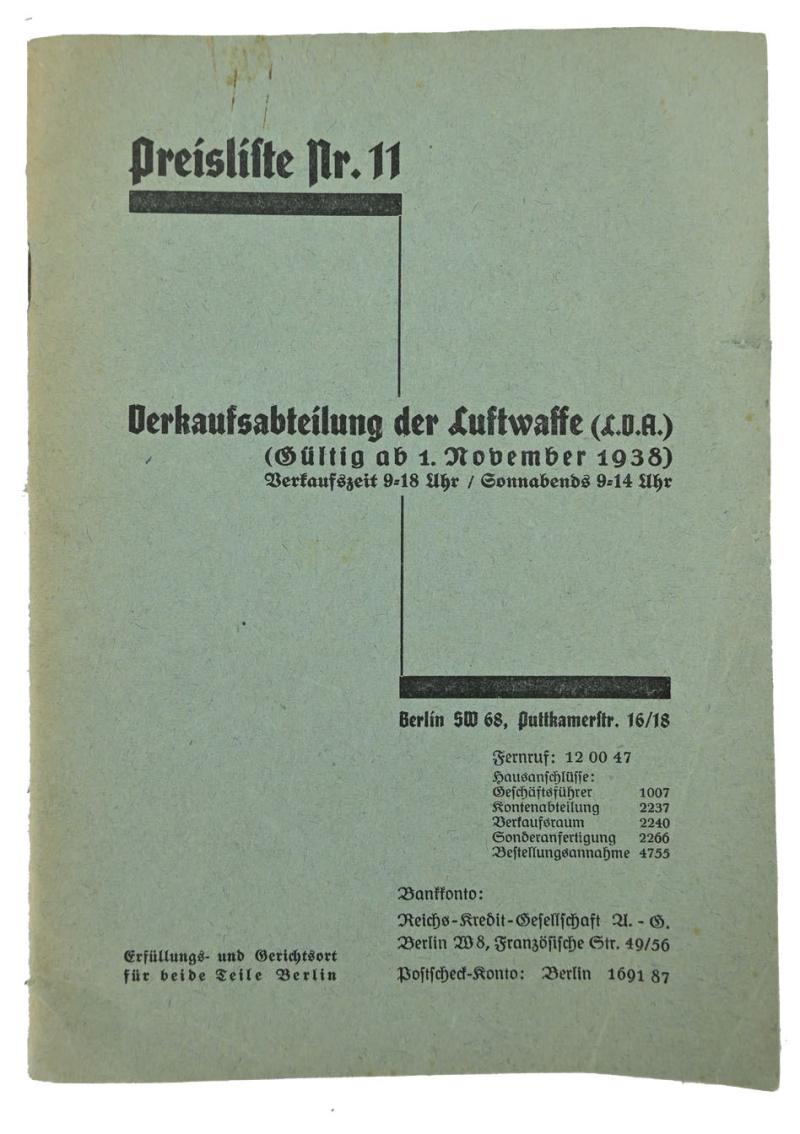 German Luftwaffe Clothing Price List Nr. 11 Booklet