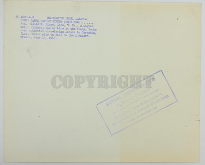 US WW2 101st Airborne Division, 401th GIR Press Picture Carentan