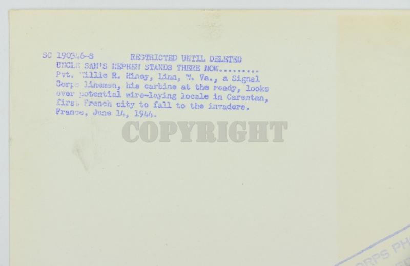 US WW2 101st Airborne Division, 401th GIR Press Picture Carentan