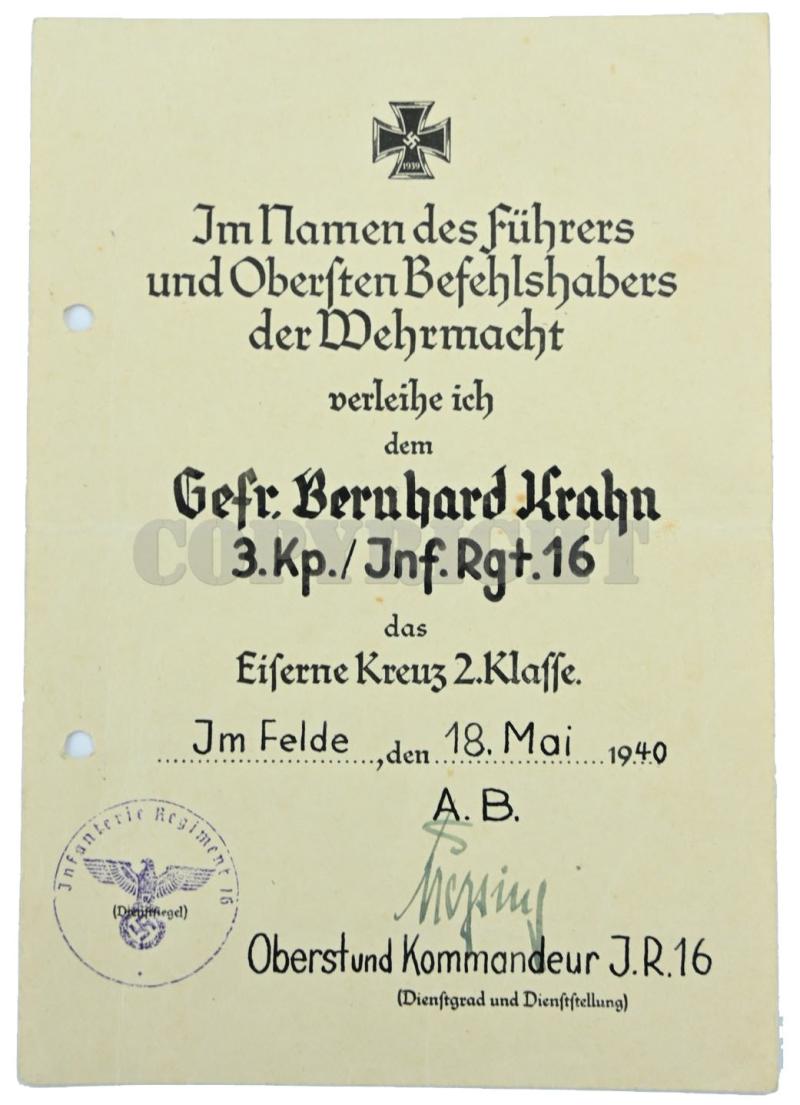 German WH Fallschirmjager Document Grouping 'Bernard Krahn' Inf.Rgt. 16 Holland