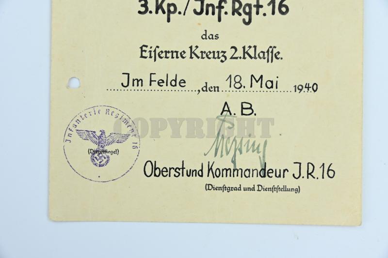 German WH Fallschirmjager Document Grouping 'Bernard Krahn' Inf.Rgt. 16 Holland