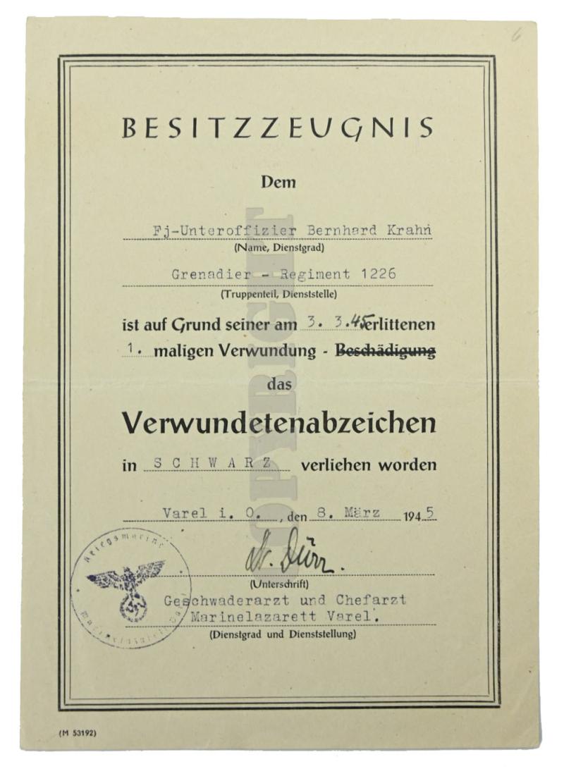 German WH Fallschirmjager Document Grouping 'Bernard Krahn' Inf.Rgt. 16 Holland