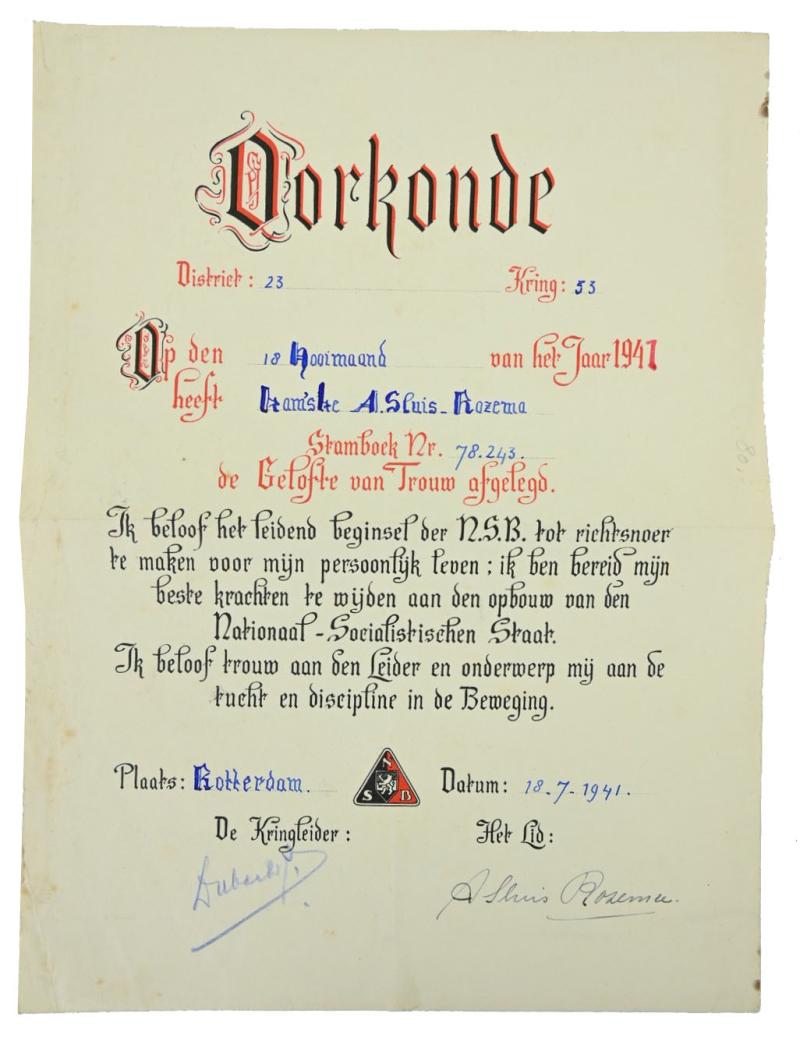 Dutch NSB Certificate 'Oorkonde Gelofte van Trouw'