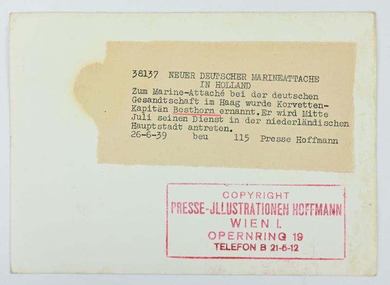 German KM Portrait Picture/ Press Photo Korvettenkapitän Kurt Besthorn