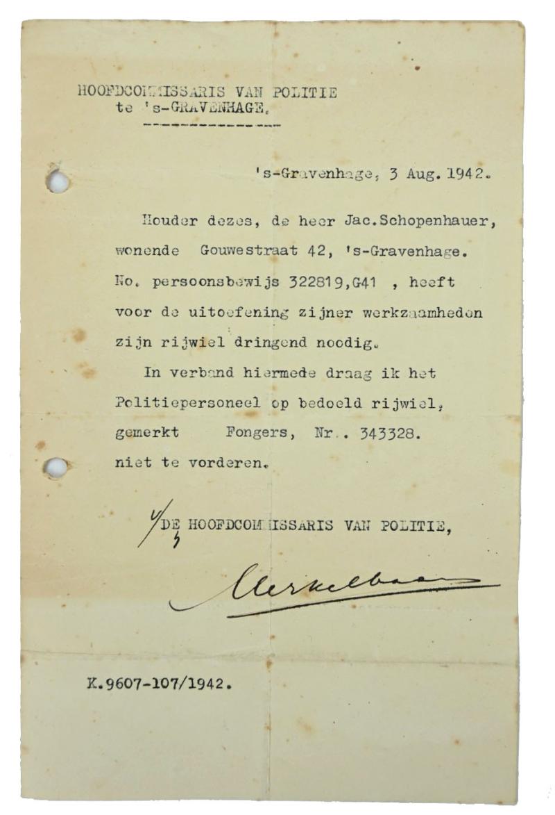 Dutch WW2 Permition Paper for Bike use