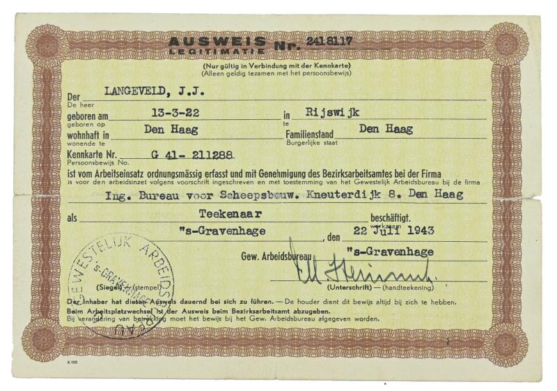 Dutch WW2 Ausweis / ID Card Worker Exception