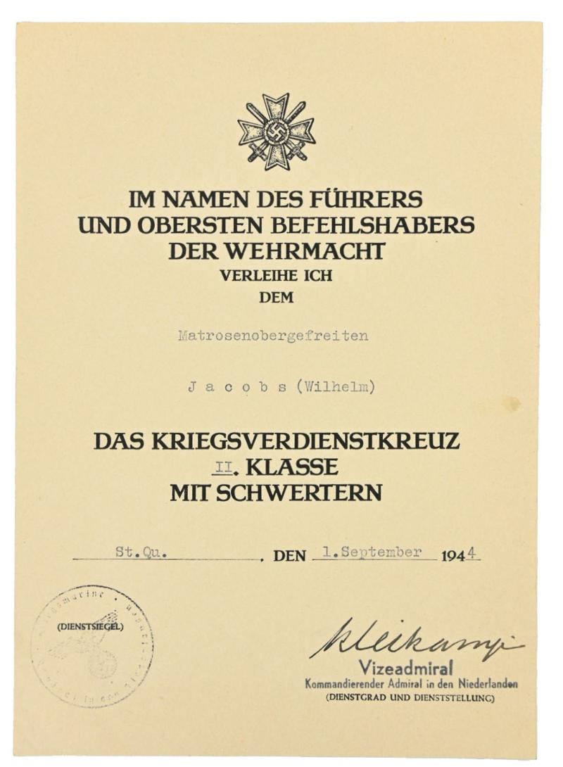 German KM Certificate War Merit Cross with Swords 'Gustav Kleikamp Signed