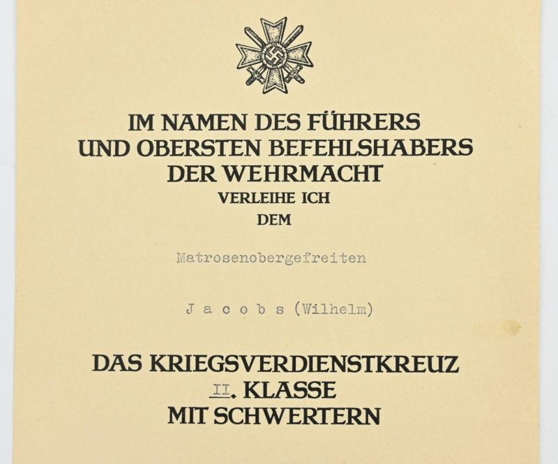 German KM Certificate War Merit Cross with Swords 'Gustav Kleikamp Signed