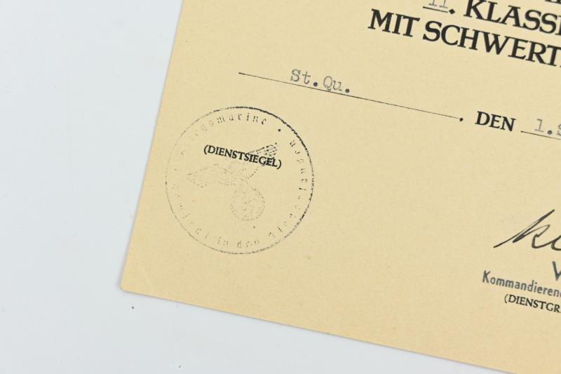 German KM Certificate War Merit Cross with Swords 'Gustav Kleikamp Signed