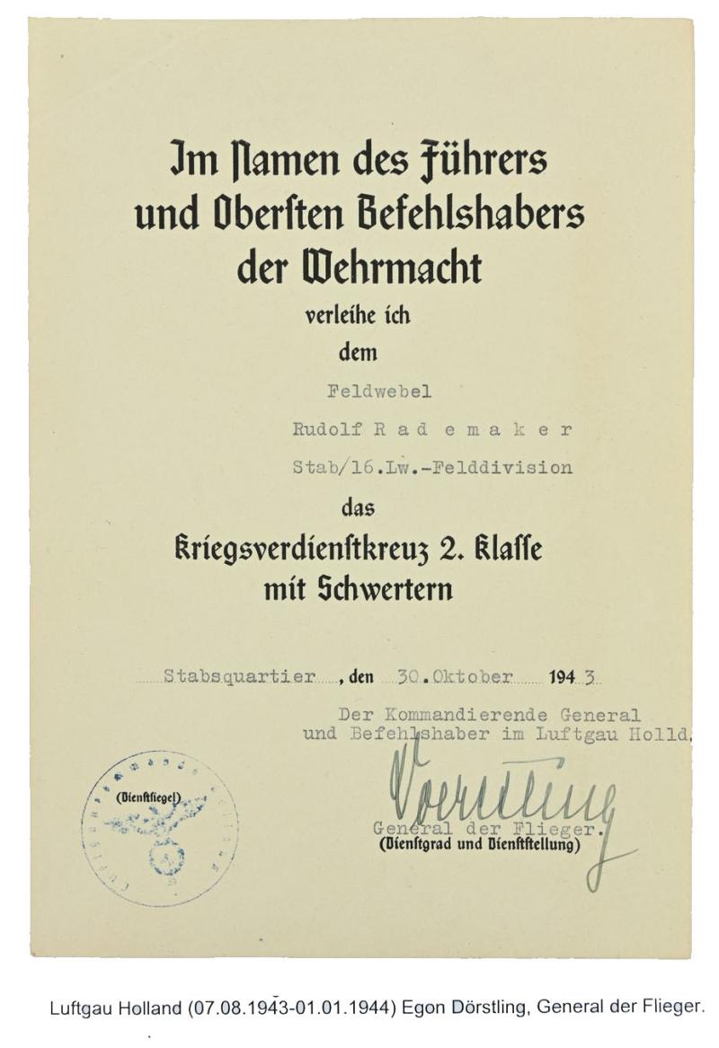 German LW Certificate War Merit Cross with Swords signed by General der Flieger 'Egon Doerstling'