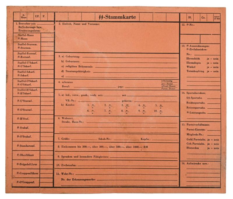 German Waffen-SS 'Stammkarte' Personal Record File