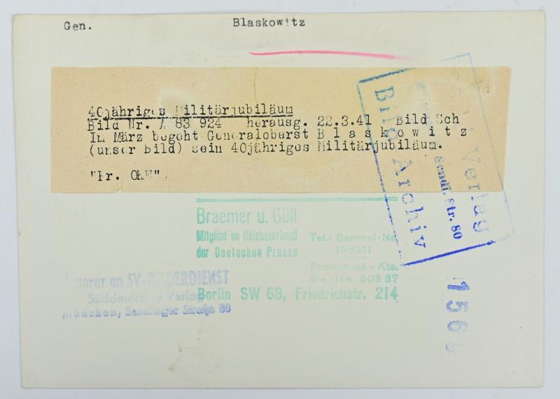 German WH Portrait Picture/ Press Photo 'Generaloberst Blaskowitz'
