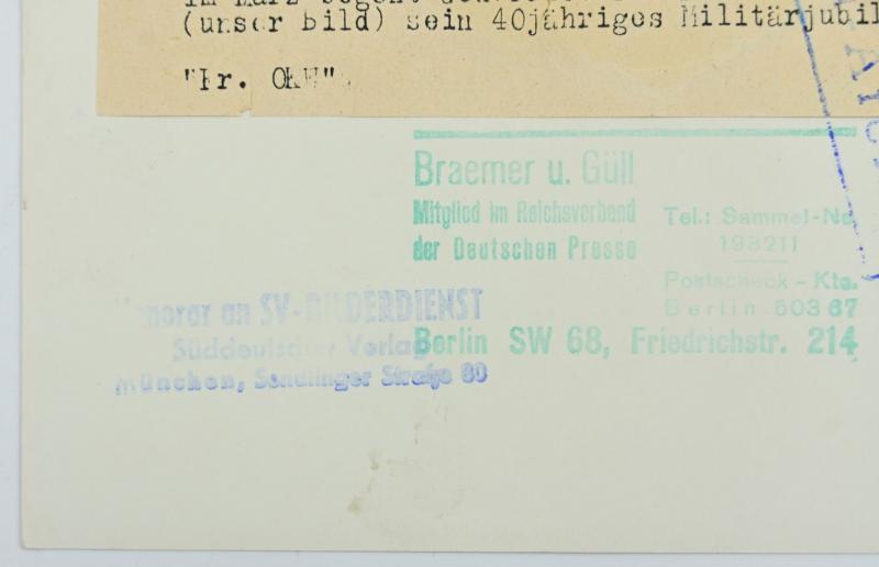 German WH Portrait Picture/ Press Photo 'Generaloberst Blaskowitz'