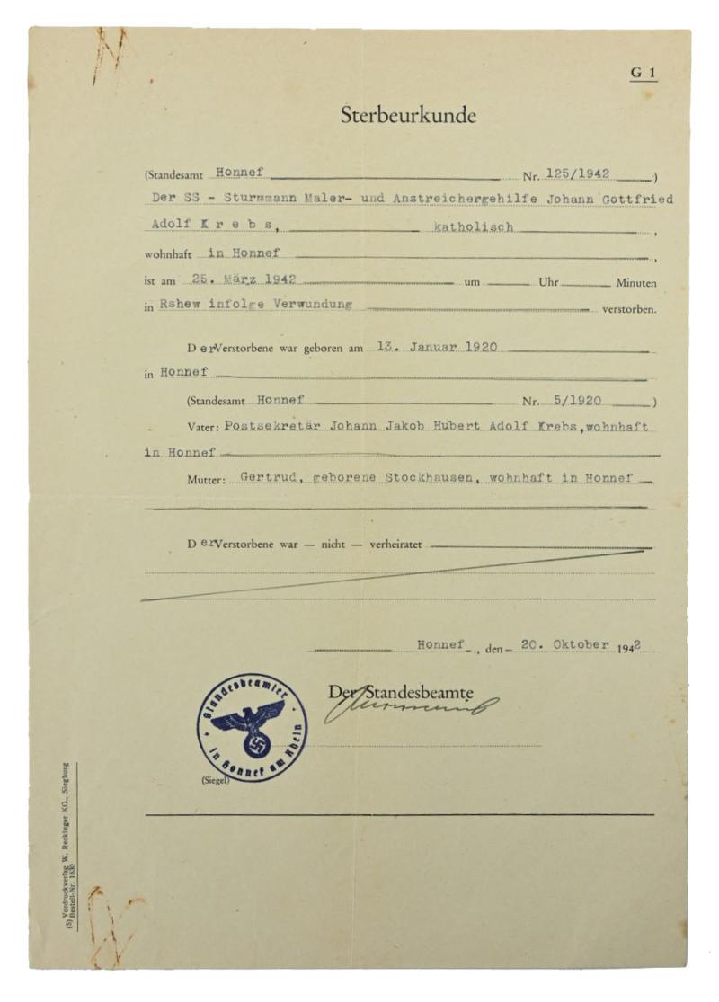 German Death Certificate 'SS Sturmann Krebs'