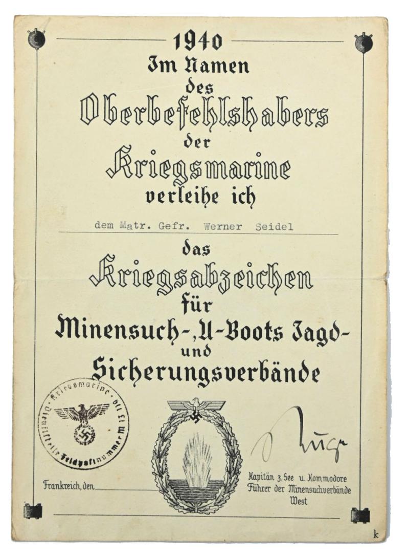 German KM Mine Sweep Certificate 1940