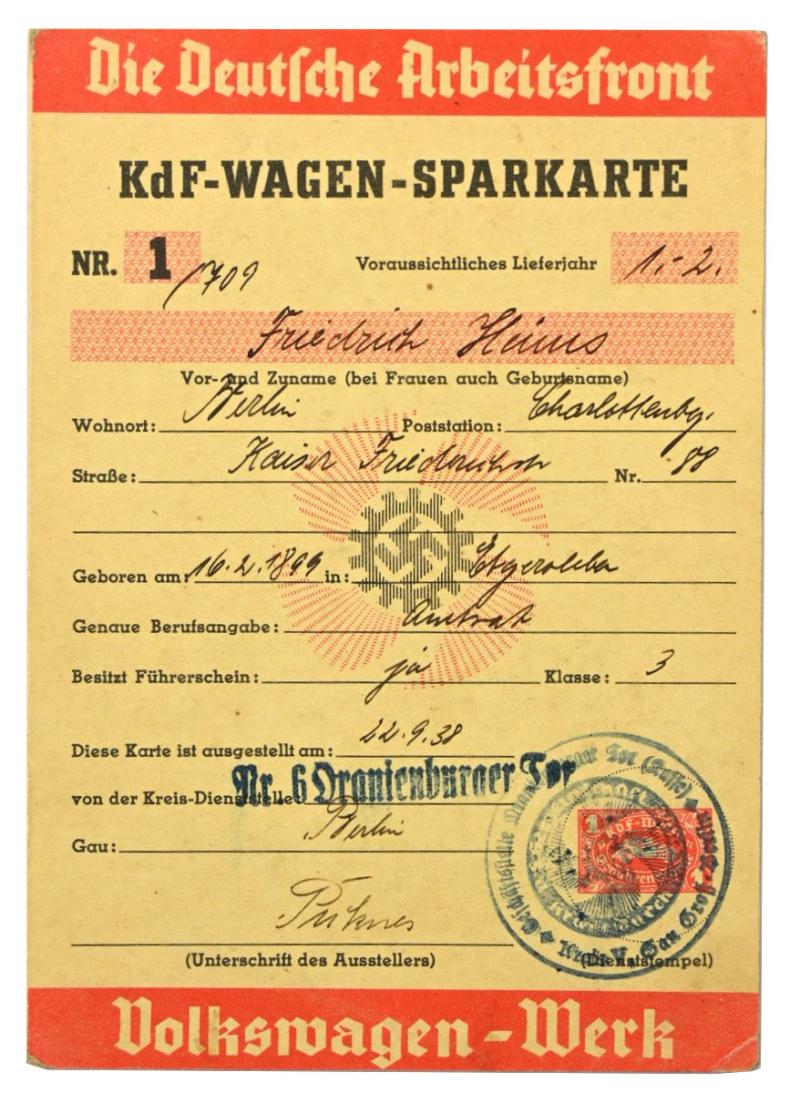 German DAF 'KdF' Saving Card