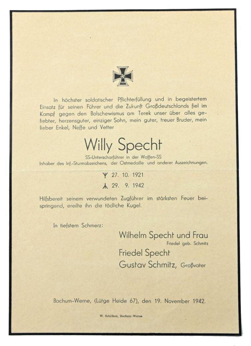 Waffen-SS Death Notice 'SS-Unterscharfuhrer Willy Specht'