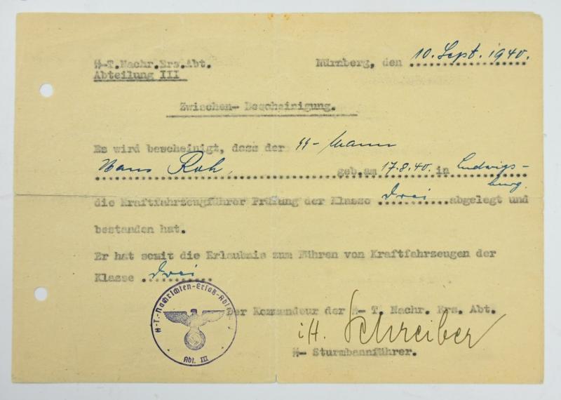 SS-Totenkopf Drivers License Certificate KFZ