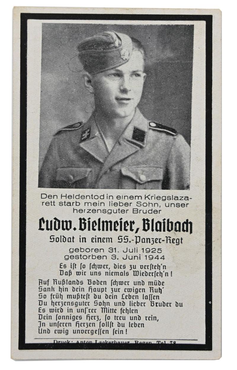 German Waffen-SS Panzer Regiment Death Card