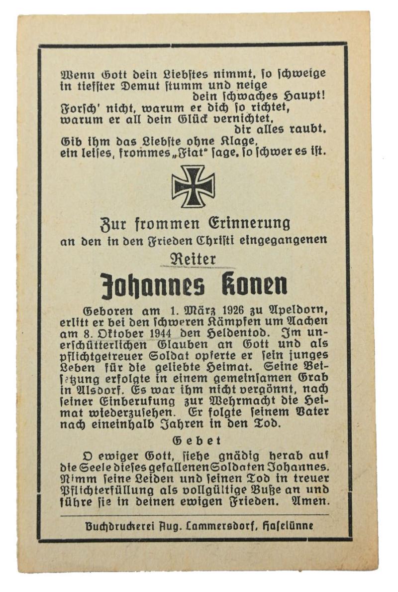 Dutch WH Soldier Deathcard 'Johannes Konen'
