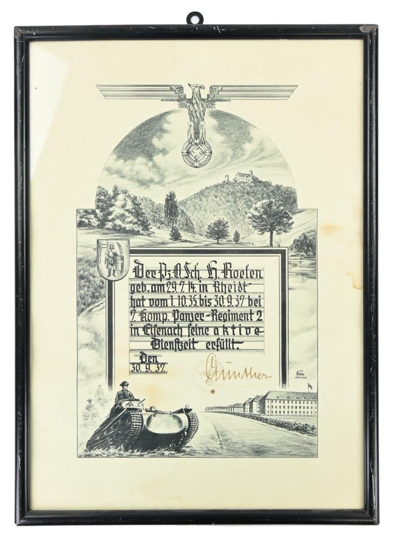 German WH Panzer Service Certificate in Frame