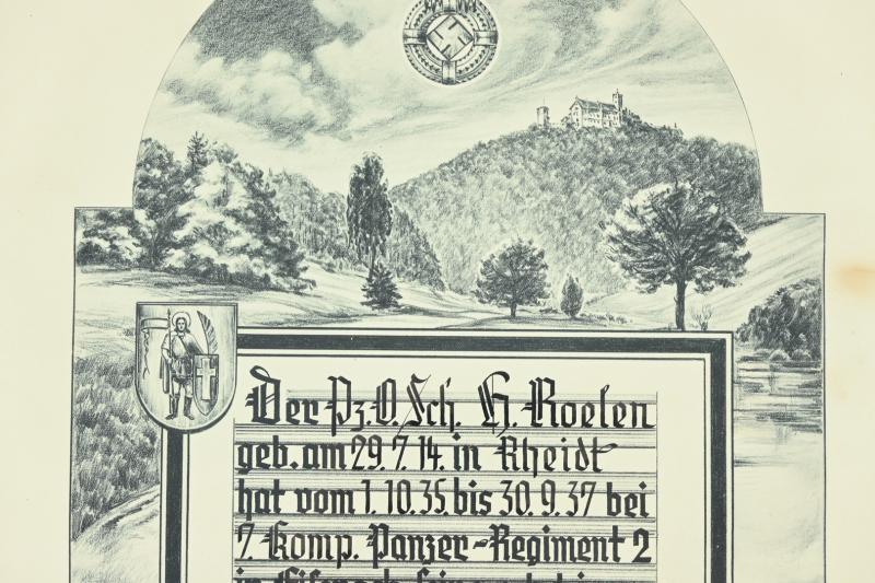 German WH Panzer Service Certificate in Frame