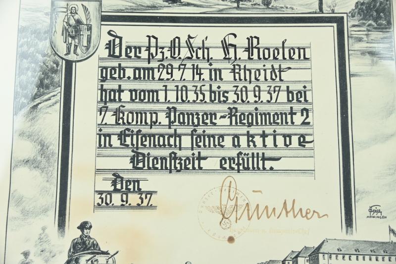 German WH Panzer Service Certificate in Frame