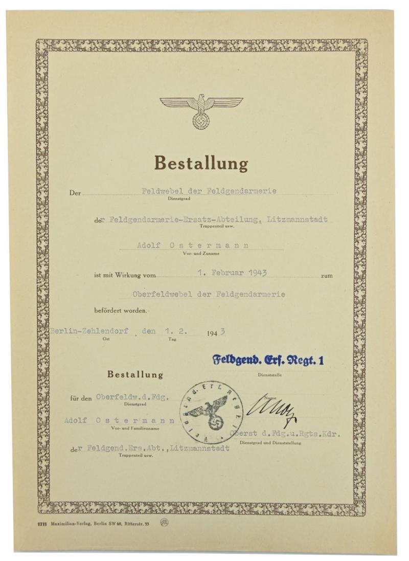 German WH Feldgendarmerie Rank Promotion Certificate