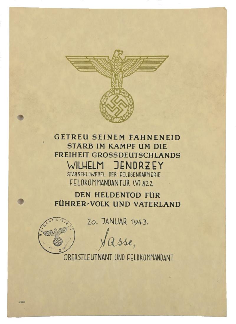 German WH Feldgendarmerie Certificate 'Heldentod'