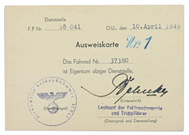 German WH Feldgendarmerie ID-Card
