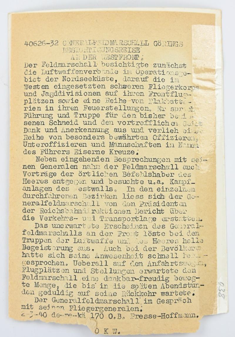 German LW Press Photo 'General Goring on the Westfront''