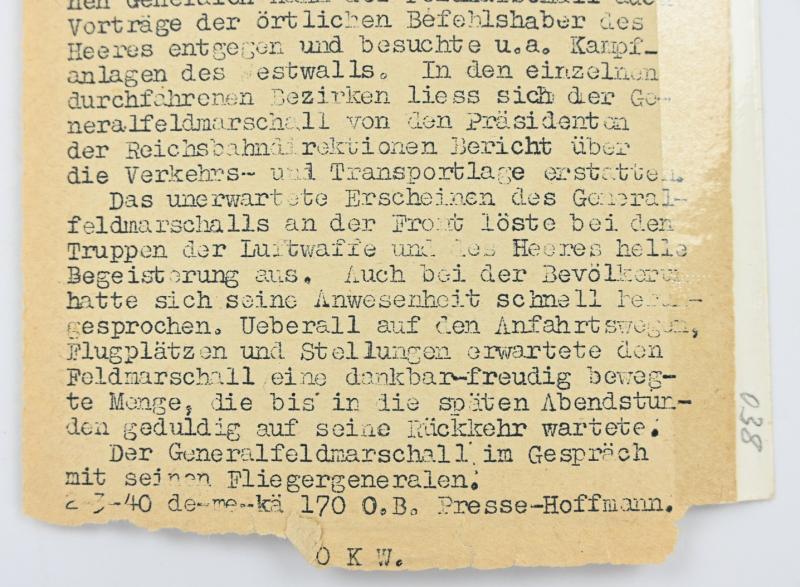 German LW Press Photo 'General Goring on the Westfront''