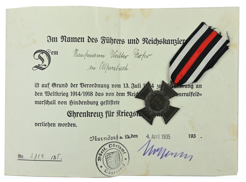 German Hindenburg Cross with Certificate