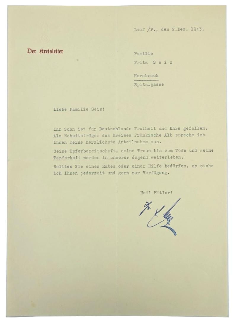 German NSDAP Letter Fallen Soldier