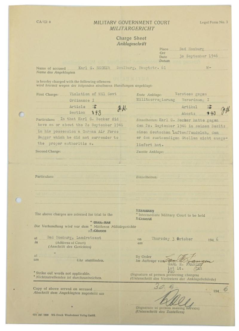 US WW2 Military Court Document 'German Dagger'