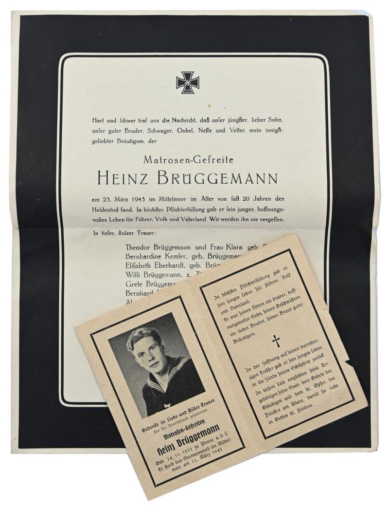 German KM Remembrance & Deathcard 'Heinz Bruggemann'