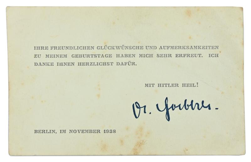 German Birthday Thank You Card 'Reichsminister Joseph Goebbels'