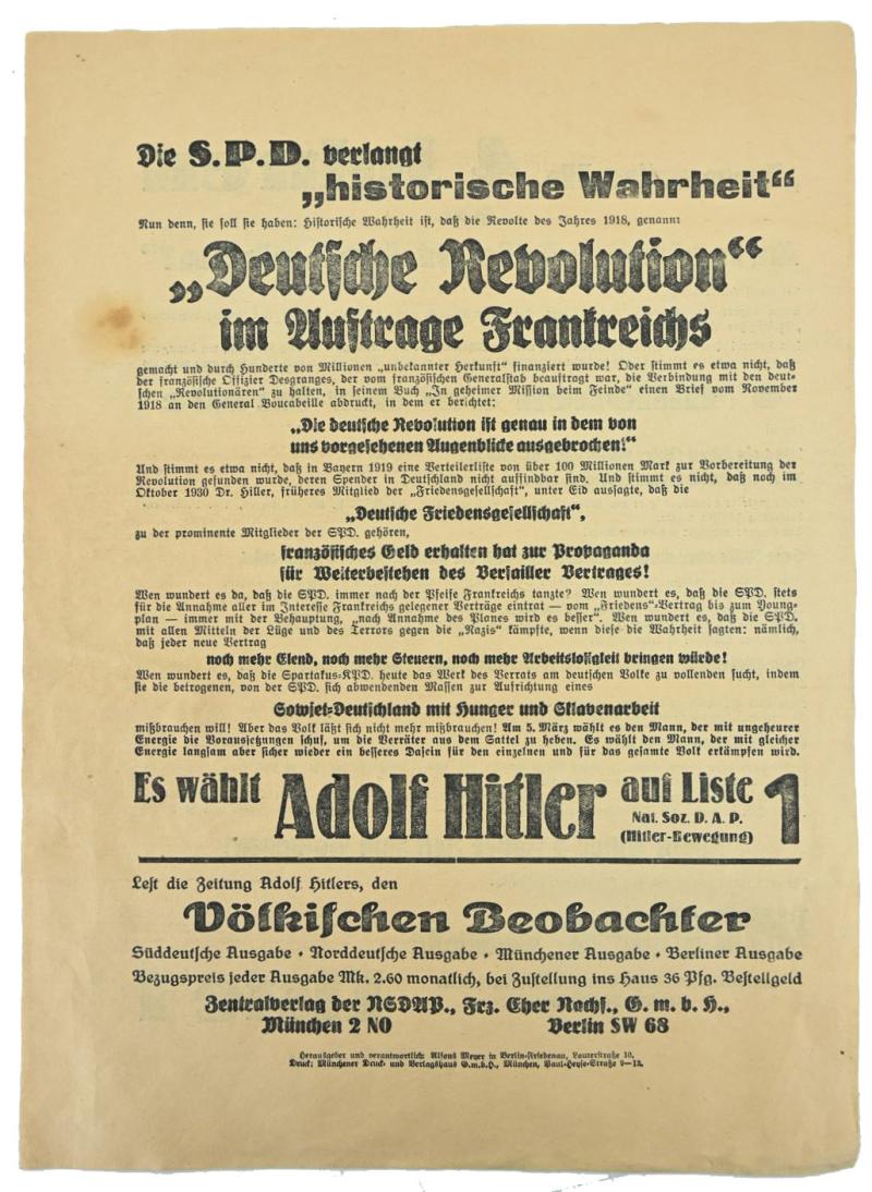 German Election Leaflet Adolf Hitler 1920's