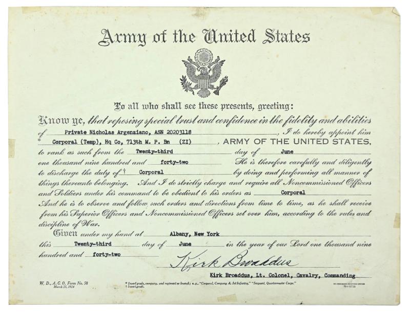 US WW2 Military Police Promotion Certificate