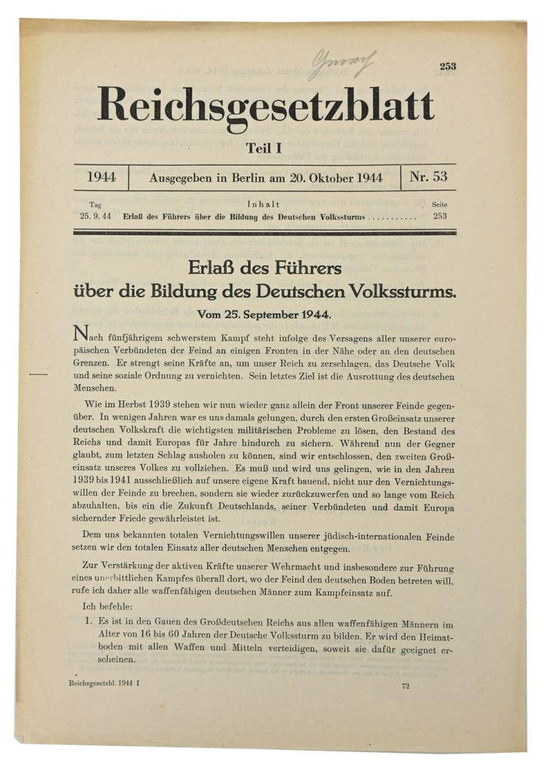 German Third Reich Reichsgesetzblatt October 20th 1944 'Volksstrum'