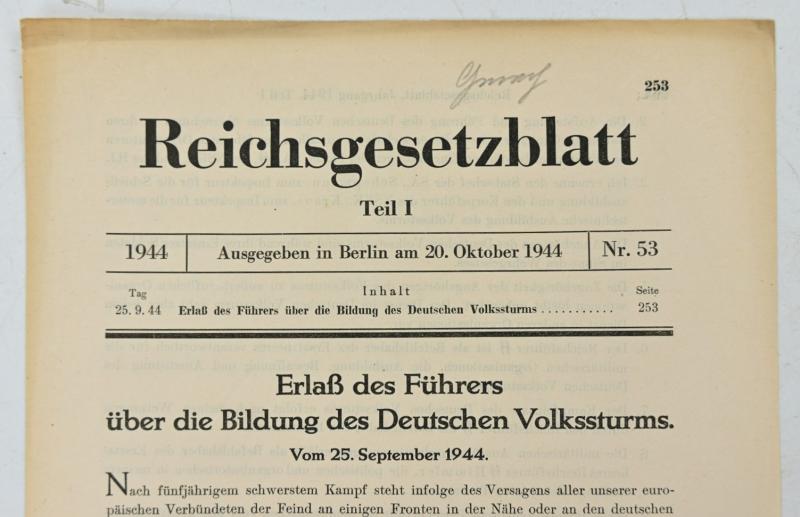 German Third Reich Reichsgesetzblatt October 20th 1944 'Volksstrum'