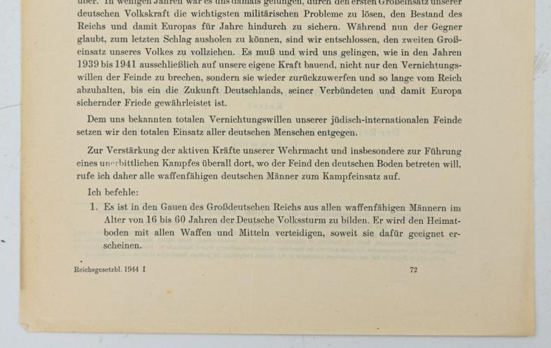 German Third Reich Reichsgesetzblatt October 20th 1944 'Volksstrum'
