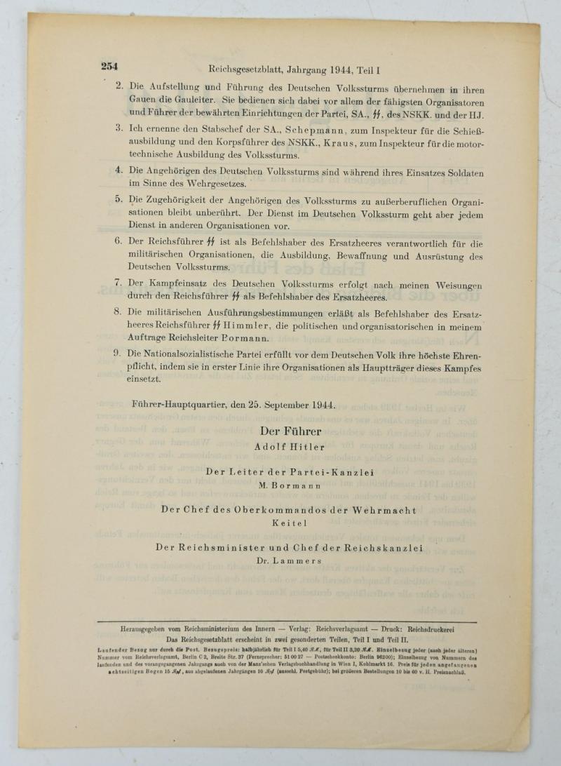 German Third Reich Reichsgesetzblatt October 20th 1944 'Volksstrum'