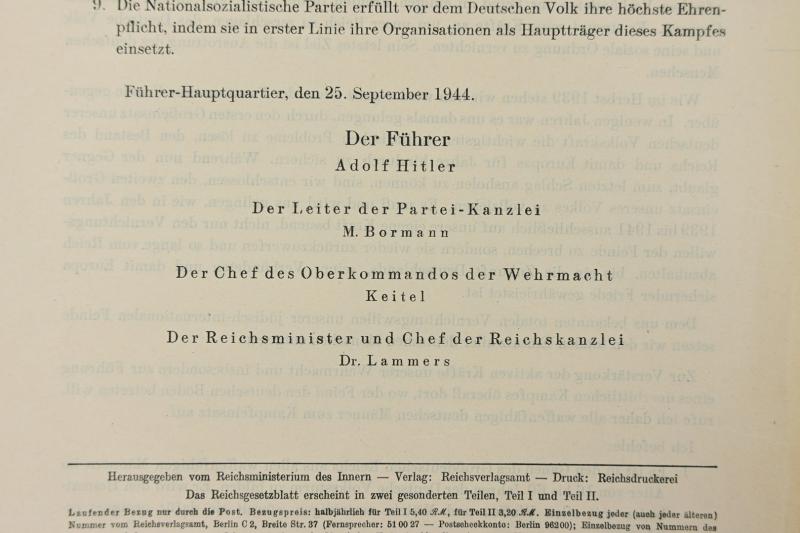German Third Reich Reichsgesetzblatt October 20th 1944 'Volksstrum'