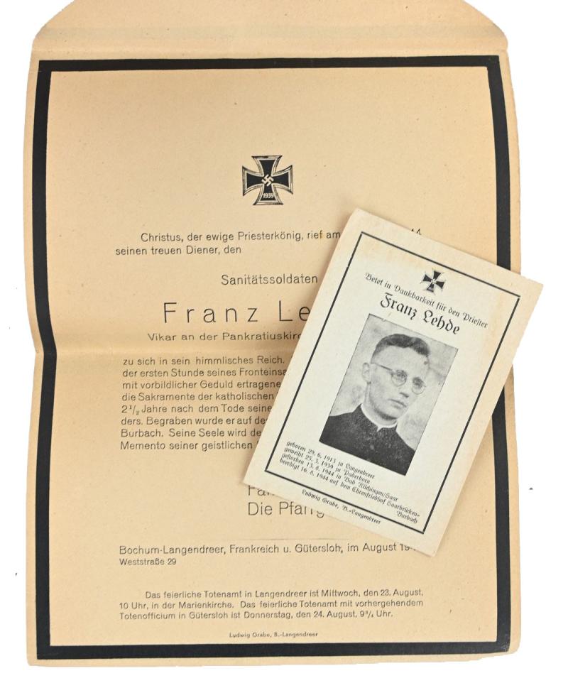 German WH Sanitäter Deathcard and Letter Priest 'Franz Lehde'