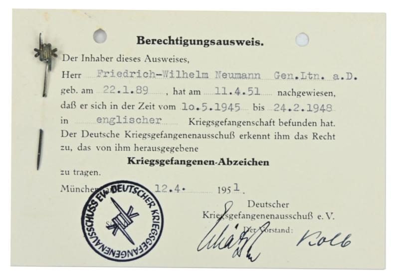 German WW2 POW Stickpin and Certificate